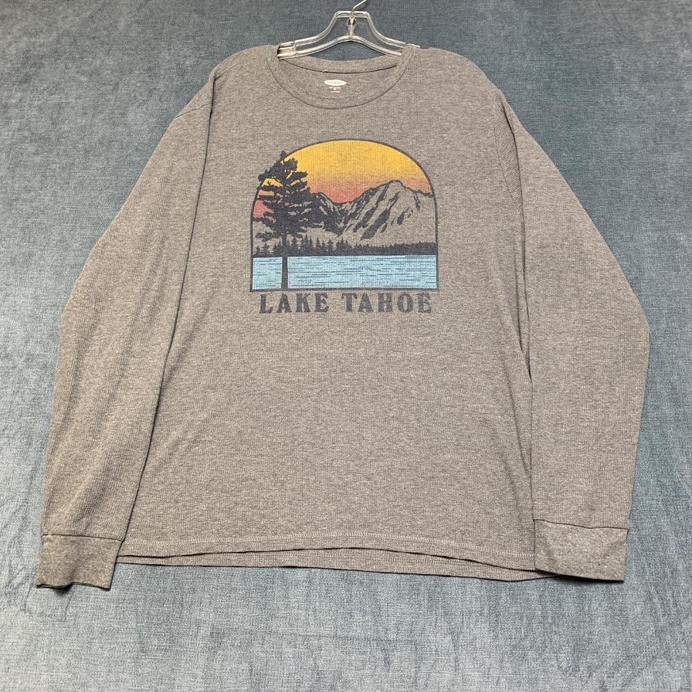 Old Navy Shirt Men 2XL Gray Lake Tahoe Graphic Waffle Knit Crew Neck Soft Washed